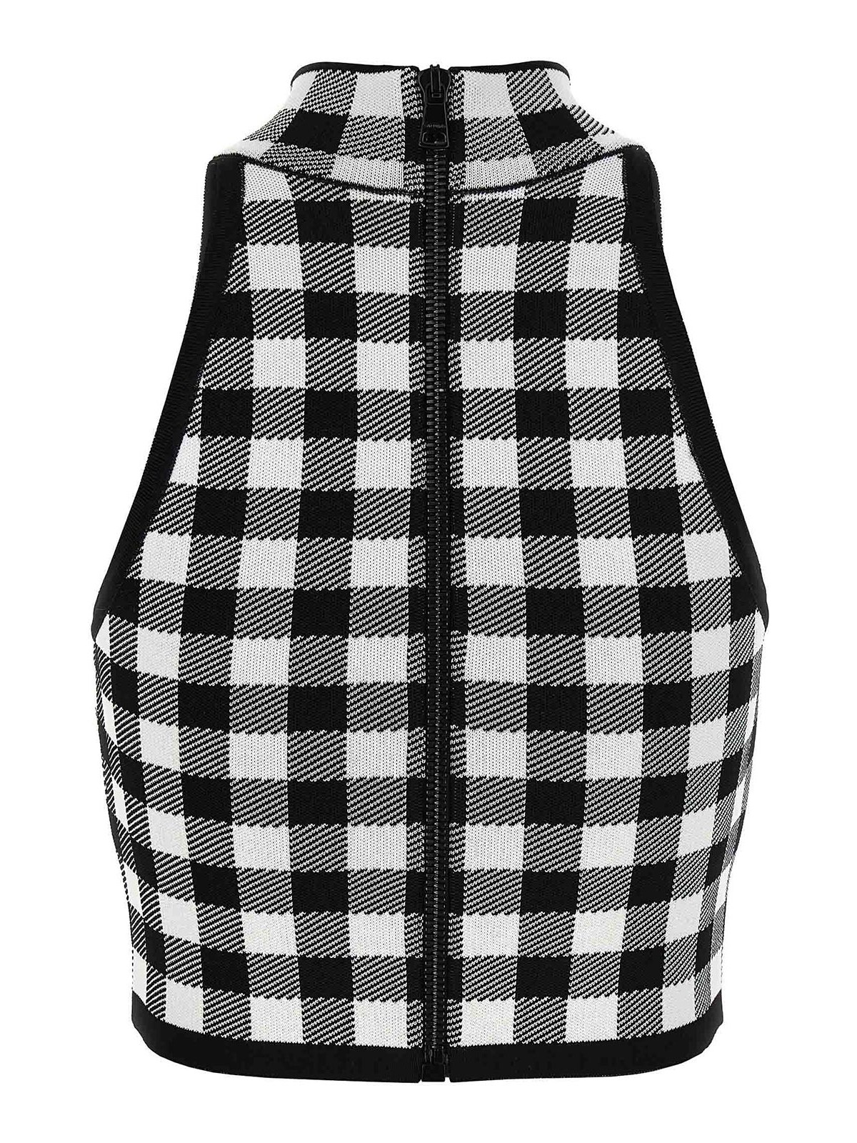 Balmain Cropped Button-embellished Gingham Knitted Top In Blanco